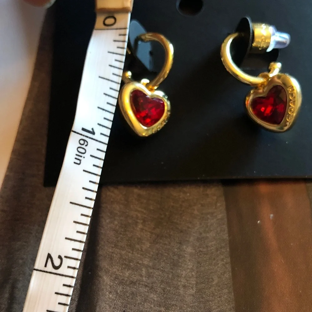 Authentic New on card. COACH Gold Heart Drop Earrings with Red Crystal Centers - Picture 8 of 8